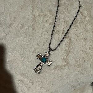 Elegant Silver and Turquoise Cross Pendant Necklace
